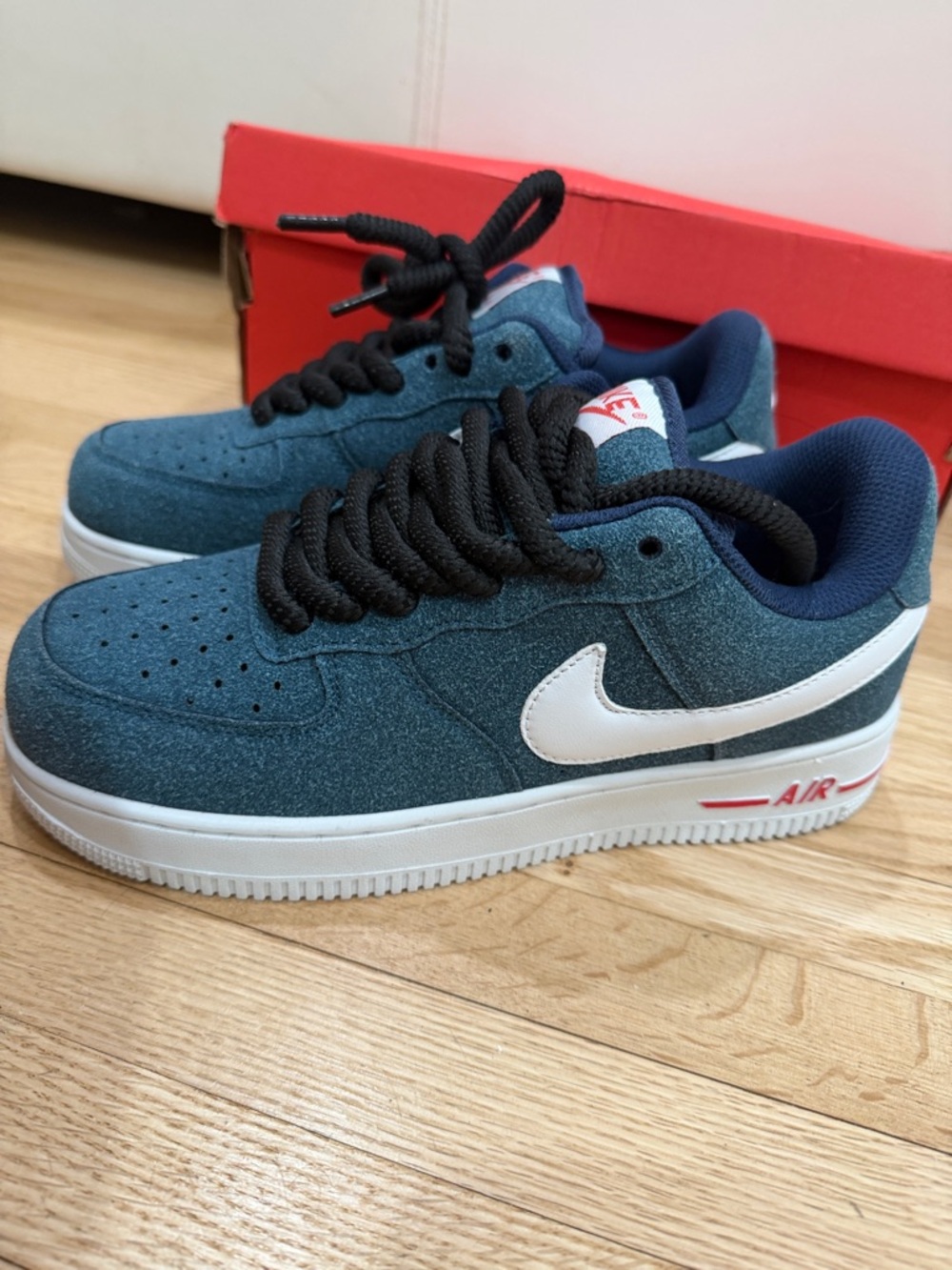Nike Air Force 1 Low Teal Suede with White Swoosh and Black Laces